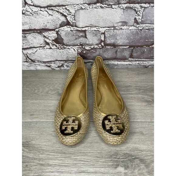 Tory Burch Straw Reva Gold Leather Logo Ballet Flats Women’s Sz 7.5M US/38EU - Picture 14 of 16